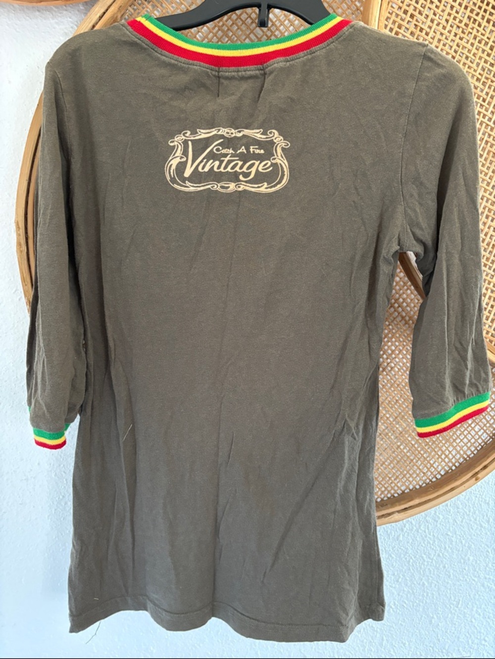 Catch a Fire Bob Marley Graphic Ringer Tee with Rasta Trim - Picture 4 of 5